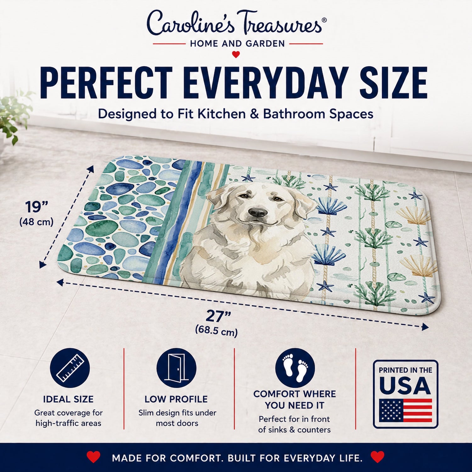 White Great Pyrenees Coastal Sea Glass Memory Foam Kitchen Mat Machine Washable Anti-Fatigue Cushion Comfort Bath or Kitchen Rug
