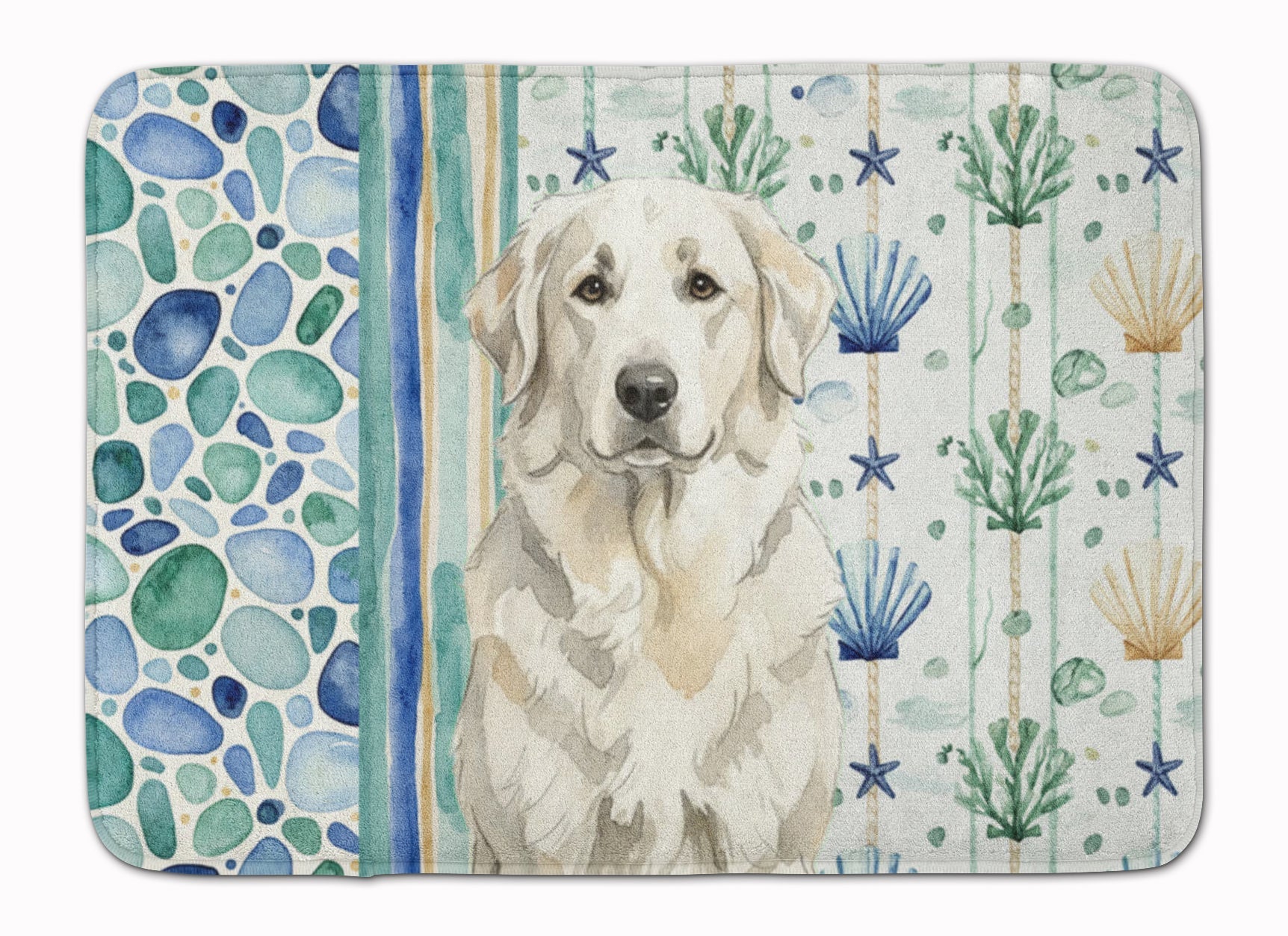 White Great Pyrenees Coastal Sea Glass Memory Foam Kitchen Mat Machine Washable Anti-Fatigue Cushion Comfort Bath or Kitchen Rug