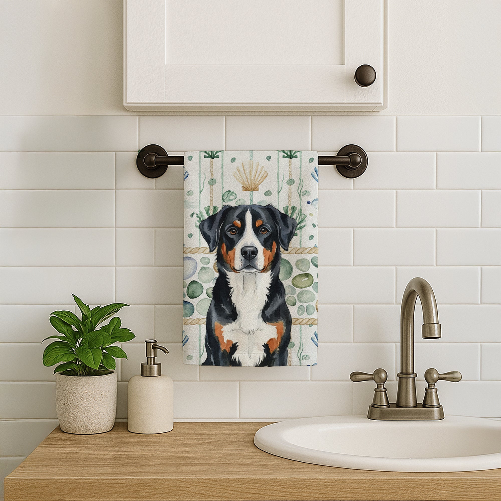 Greater Swiss Mountain Dog Coastal Sea Glass Kitchen Towel Velour Plush Front and Cotton Loop Back Machine Washable