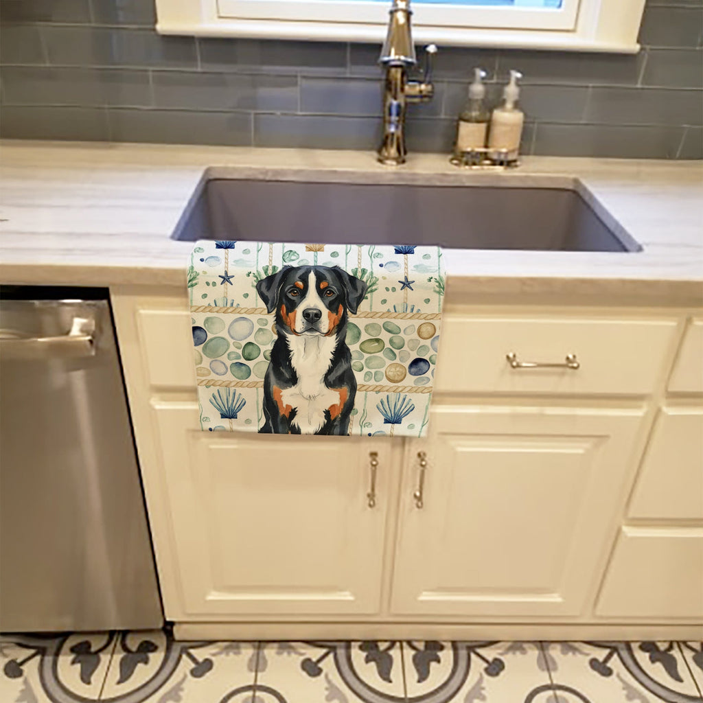 Greater Swiss Mountain Dog Coastal Sea Glass Kitchen Towel Velour Plush Front and Cotton Loop Back Machine Washable