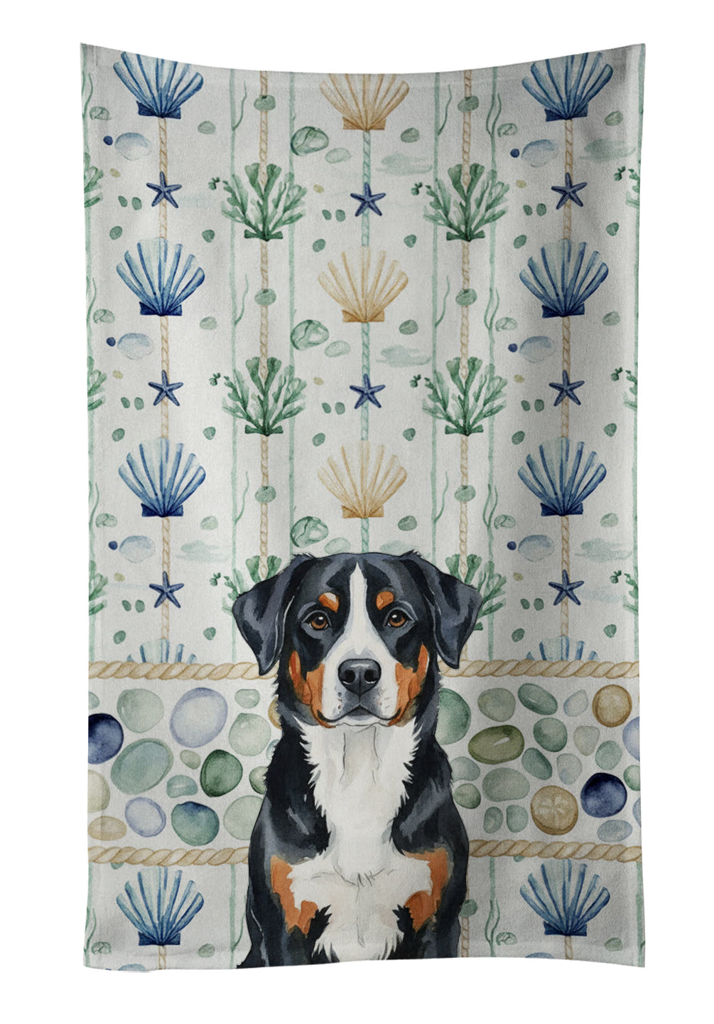 Greater Swiss Mountain Dog Coastal Sea Glass Kitchen Towel Velour Plush Front and Cotton Loop Back Machine Washable