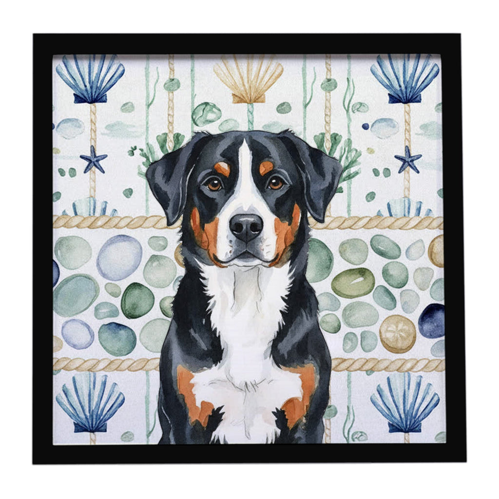 Greater Swiss Mountain Dog Coastal Sea Glass Framed Metal Print Bathroom, Kitchen, Office, Home Decor Wall Art Ready to Hang, Square, 8X8