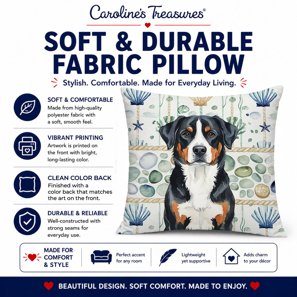 Greater Swiss Mountain Dog Coastal Sea Glass Decorative Throw Pillow 14x14 Indoor Outdoor Accent Cushion, Fabric Cover with Insert for Sofa, Bed, Porch & Living Room