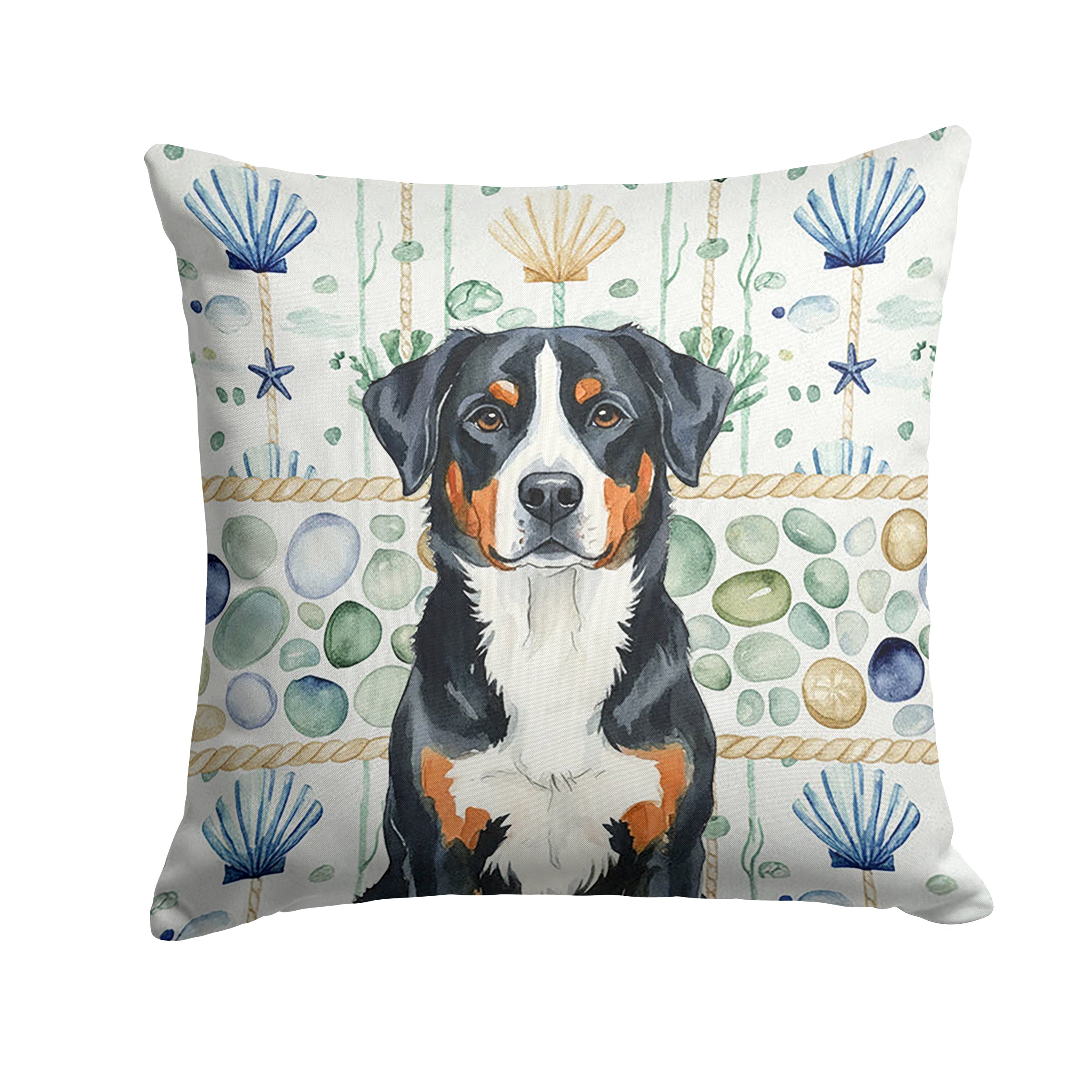 Greater Swiss Mountain Dog Coastal Sea Glass Decorative Throw Pillow 14x14 Indoor Outdoor Accent Cushion, Fabric Cover with Insert for Sofa, Bed, Porch & Living Room