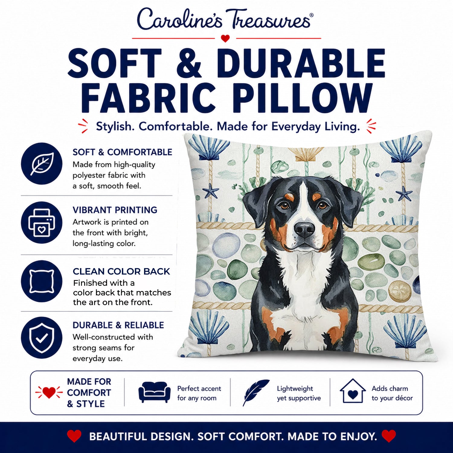 Greater Swiss Mountain Dog Coastal Sea Glass Decorative Throw Pillow 18x18 Indoor Outdoor Accent Cushion, Fabric Cover with Insert for Sofa, Bed, Porch & Living Room