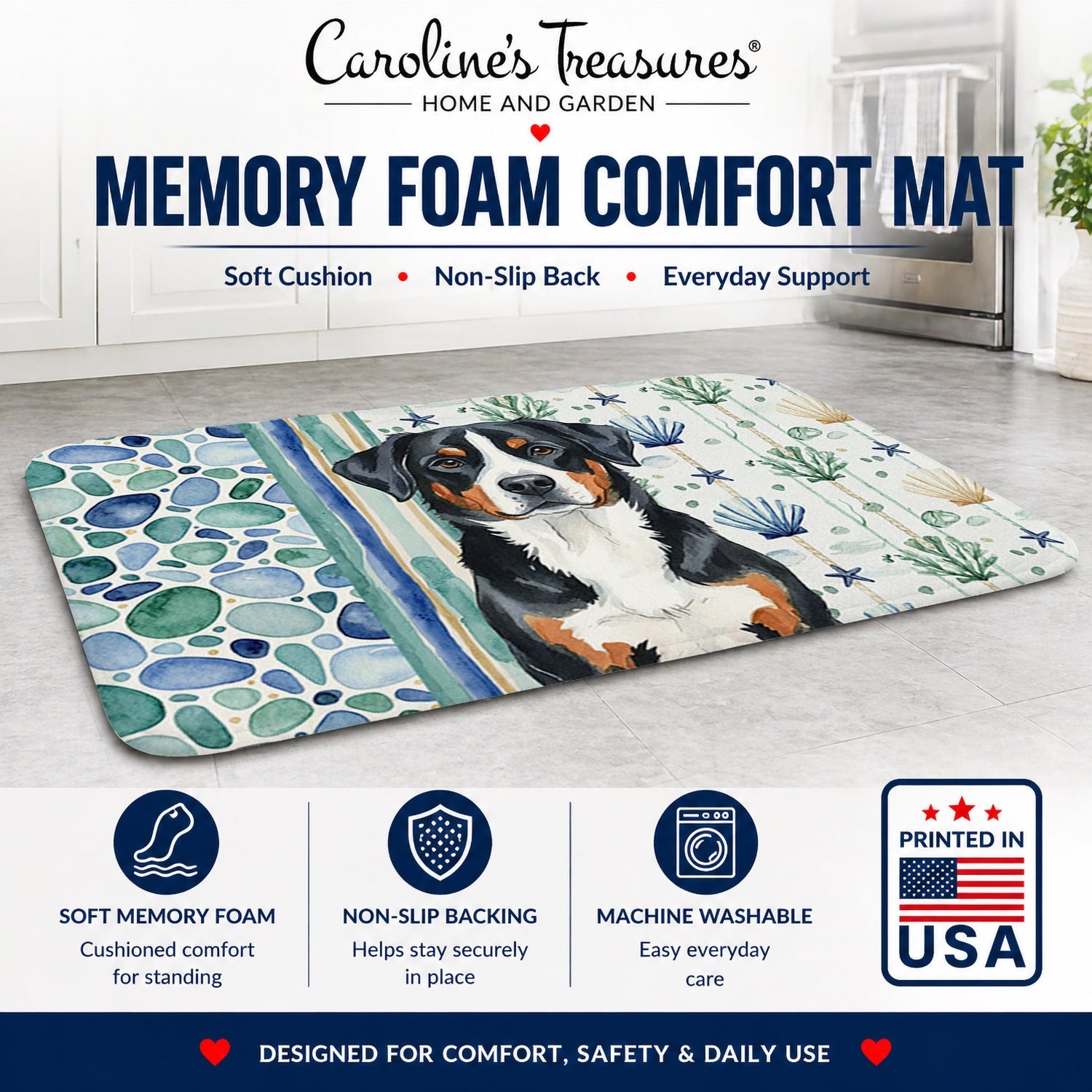 Greater Swiss Mountain Dog Coastal Sea Glass Memory Foam Kitchen Mat Machine Washable Anti-Fatigue Cushion Comfort Bath or Kitchen Rug
