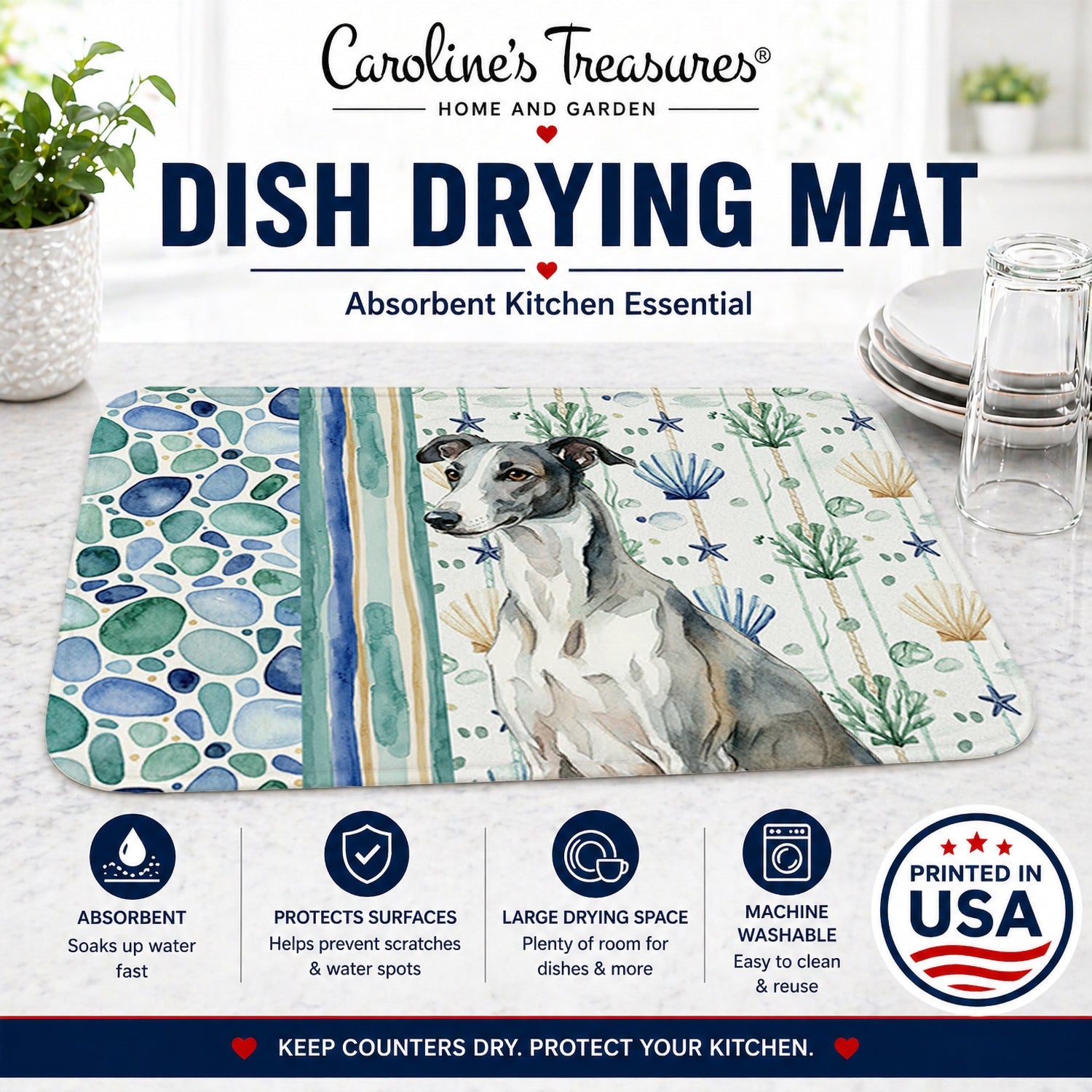 Black and White Greyhound Coastal Sea Glass Dish Drying Mat Absorbent Dish Drying Mat Pad for Kitchen Counter Dish Drainer Mat for Countertop, 14 x 21", Multicolor
