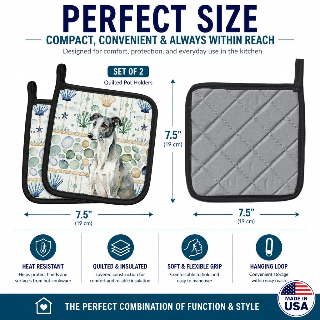 Black and White Greyhound Coastal Sea Glass Pot Holder Set of 2 Heat Resistant Quilted Hot Pads 7.5 x 7.5 Inch, Insulated Kitchen Trivets for Cooking & Baking