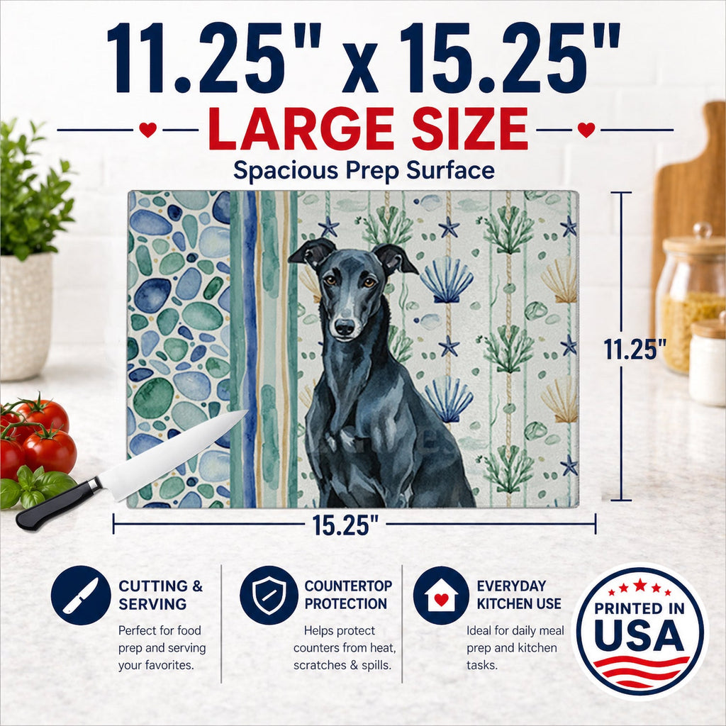 Black Greyhound Coastal Sea Glass Cutting Board Tempered Glass Kitchen Cutting Surface, Heat Resistant Chopping, Non-Slip Feet, Food Prep & Serving