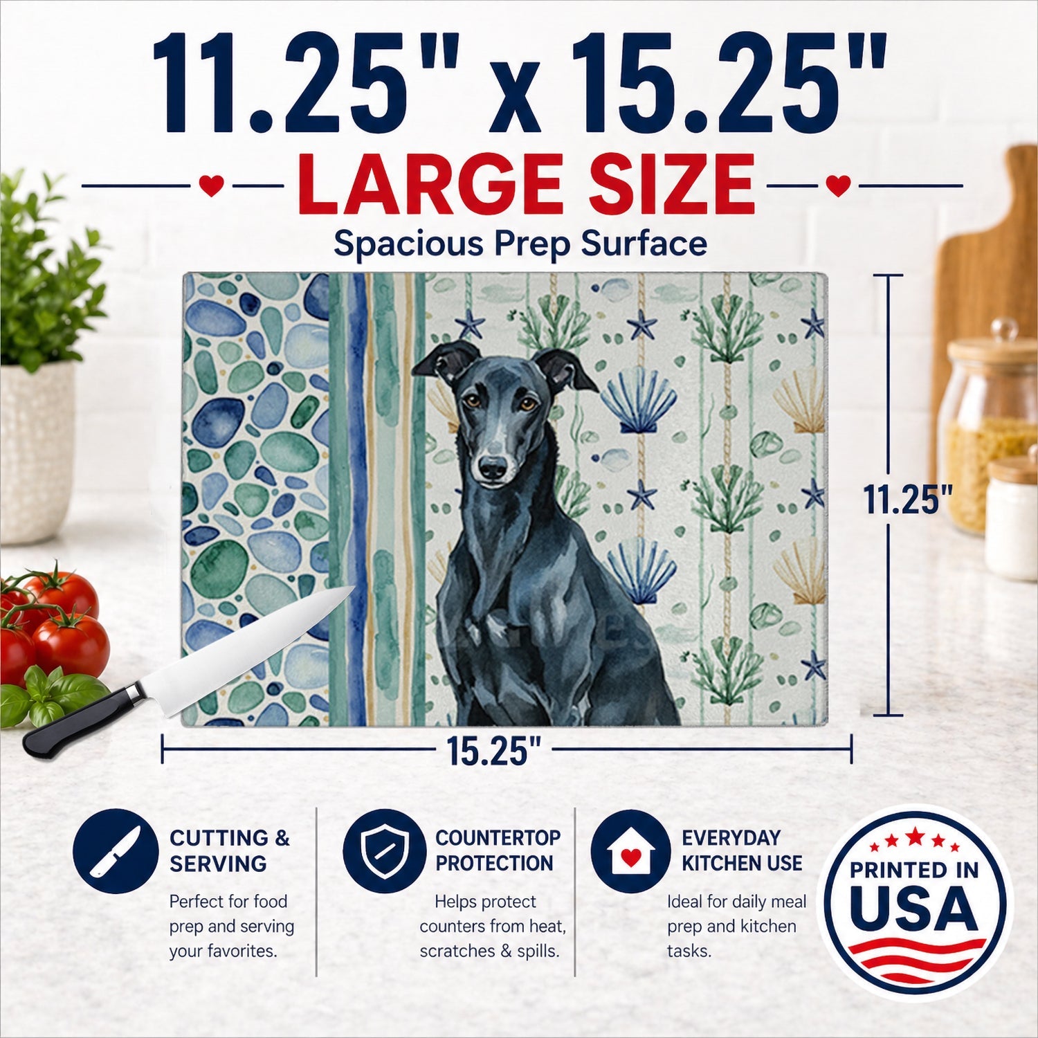 Black Greyhound Coastal Sea Glass Cutting Board Tempered Glass Kitchen Cutting Surface, Heat Resistant Chopping, Non-Slip Feet, Food Prep & Serving