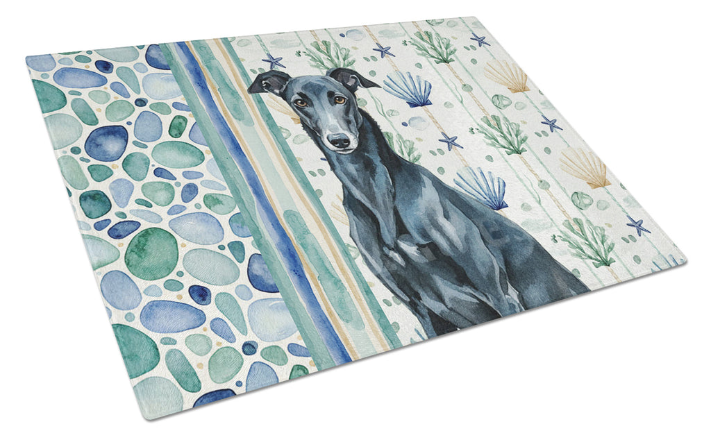Black Greyhound Coastal Sea Glass Cutting Board Tempered Glass Kitchen Cutting Surface, Heat Resistant Chopping, Non-Slip Feet, Food Prep & Serving