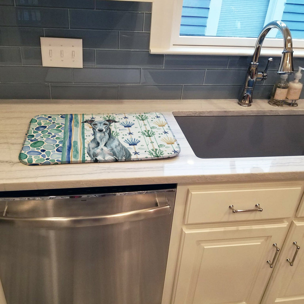 Blue Brindle Greyhound Coastal Sea Glass Dish Drying Mat Absorbent Dish Drying Mat Pad for Kitchen Counter Dish Drainer Mat for Countertop, 14 x 21", Multicolor