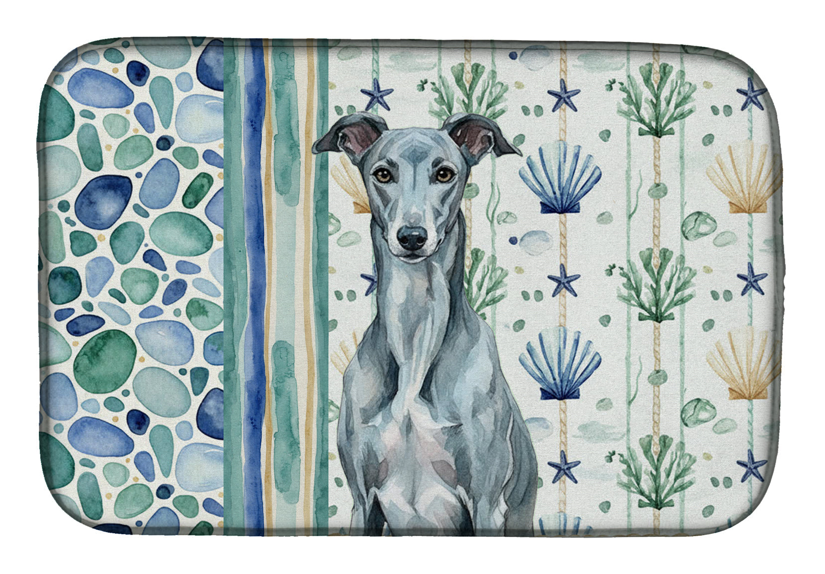 Blue Brindle Greyhound Coastal Sea Glass Dish Drying Mat Absorbent Dish Drying Mat Pad for Kitchen Counter Dish Drainer Mat for Countertop, 14 x 21", Multicolor