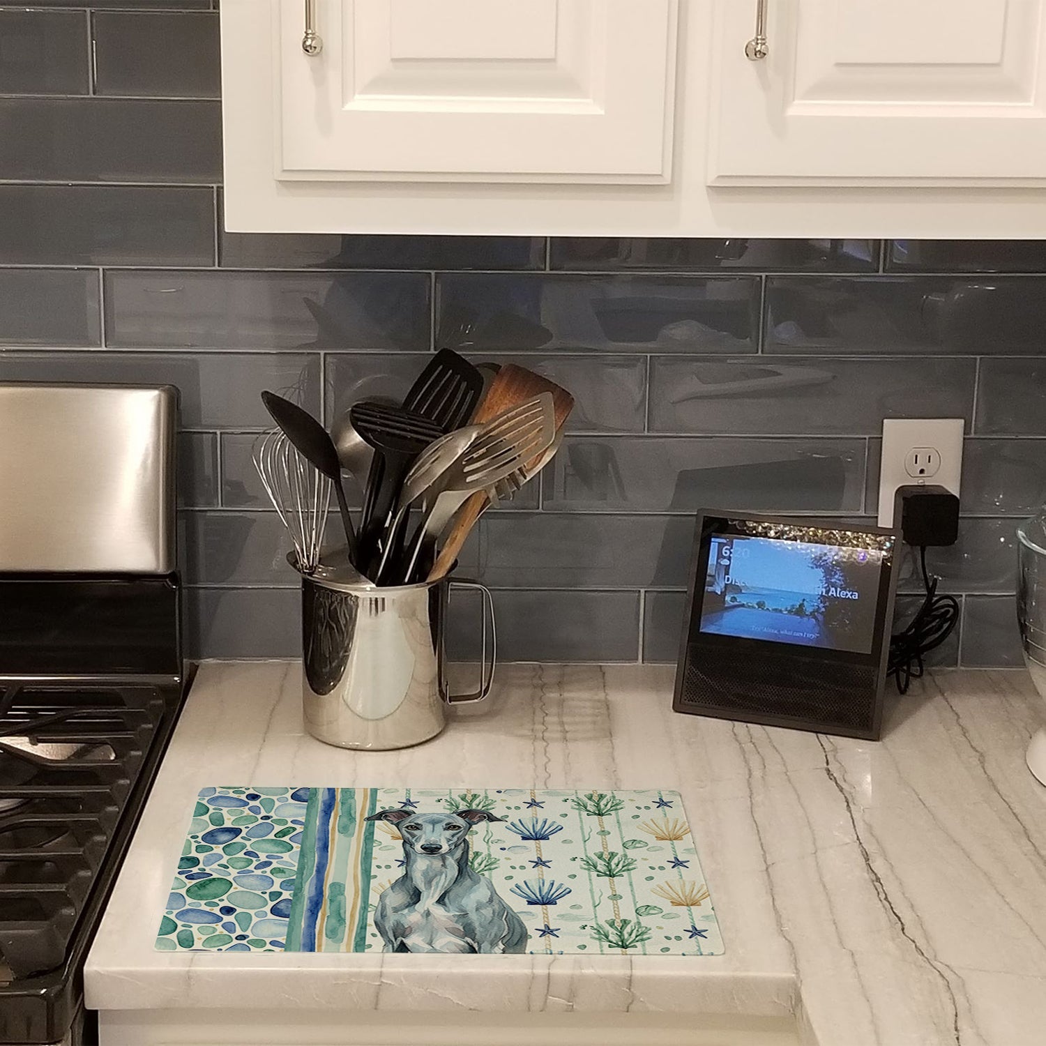 Blue Brindle Greyhound Coastal Sea Glass Cutting Board Tempered Glass Kitchen Cutting Surface, Heat Resistant Chopping, Non-Slip Feet, Food Prep & Serving