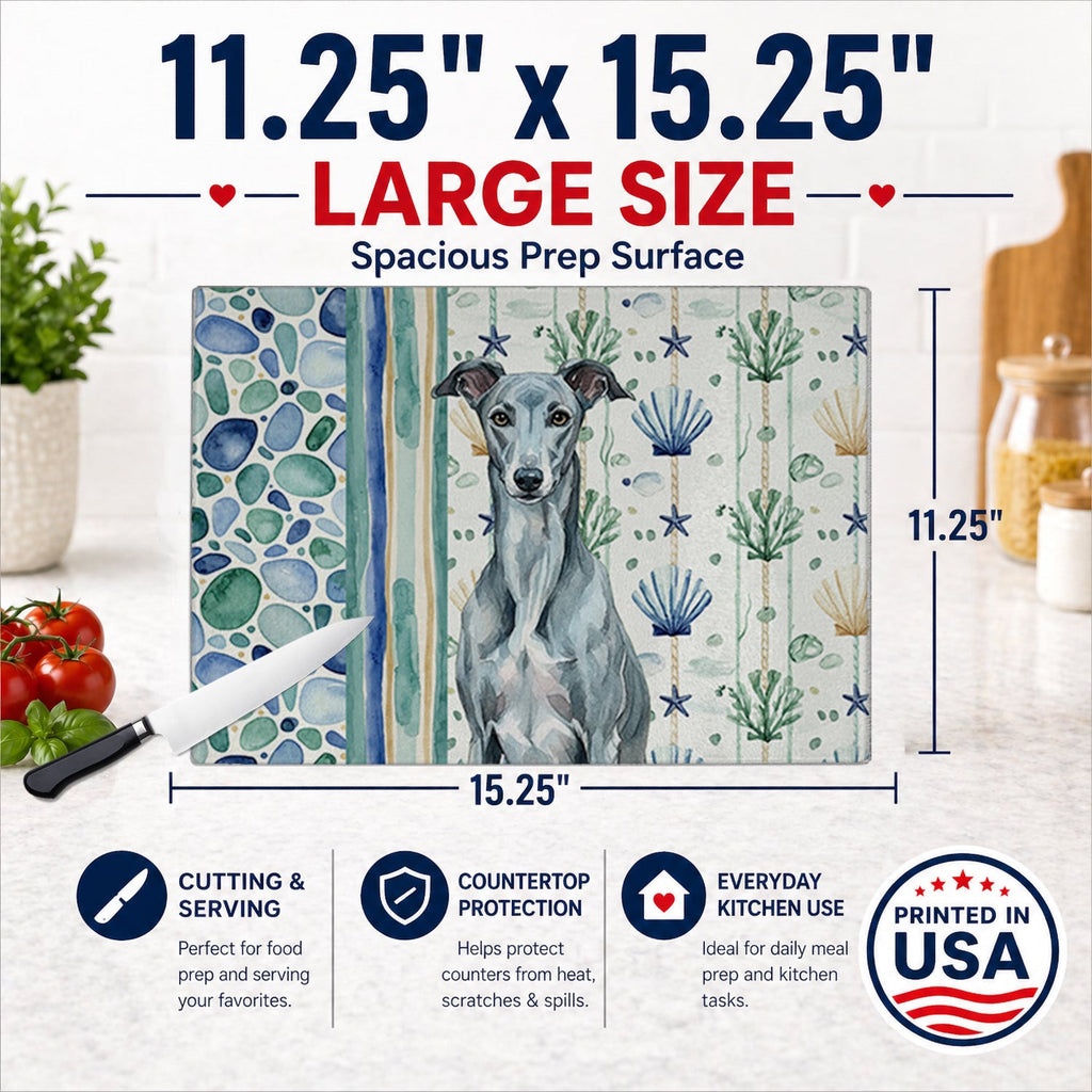 Blue Brindle Greyhound Coastal Sea Glass Cutting Board Tempered Glass Kitchen Cutting Surface, Heat Resistant Chopping, Non-Slip Feet, Food Prep & Serving