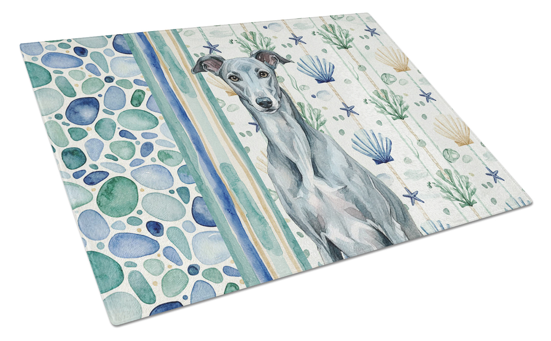 Blue Brindle Greyhound Coastal Sea Glass Cutting Board Tempered Glass Kitchen Cutting Surface, Heat Resistant Chopping, Non-Slip Feet, Food Prep & Serving
