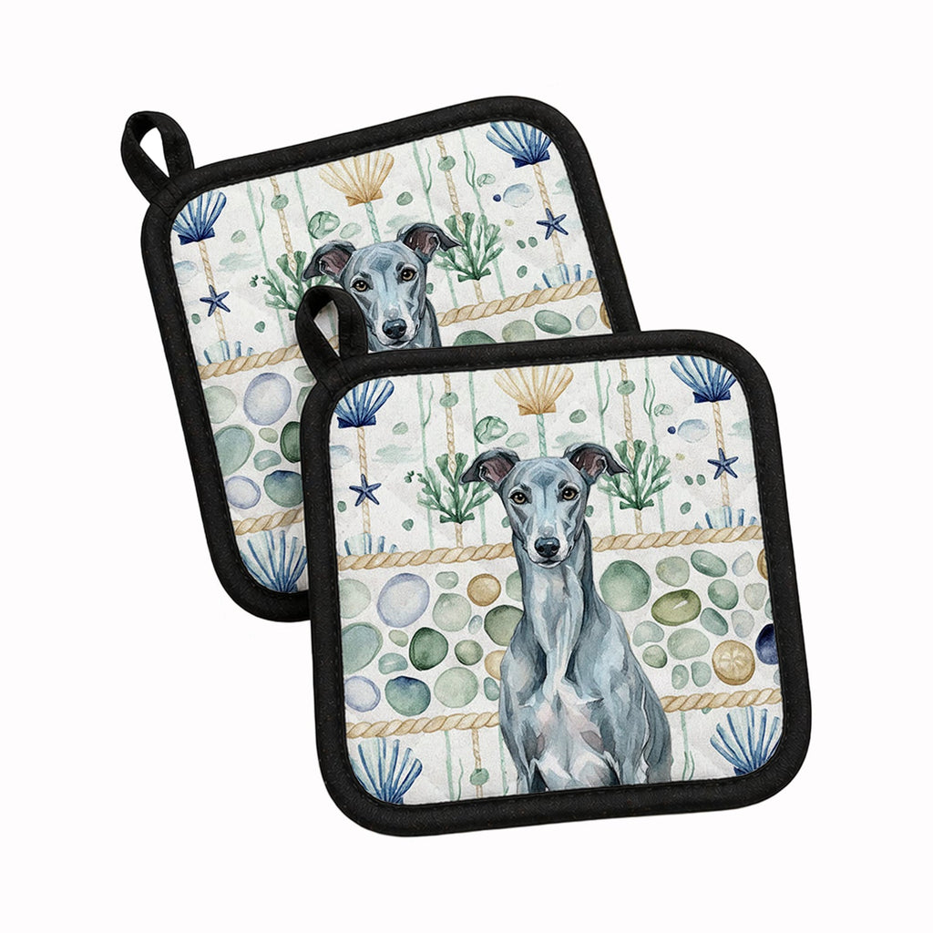 Blue Brindle Greyhound Coastal Sea Glass Pot Holder Set of 2 Heat Resistant Quilted Hot Pads 7.5 x 7.5 Inch, Insulated Kitchen Trivets for Cooking & Baking