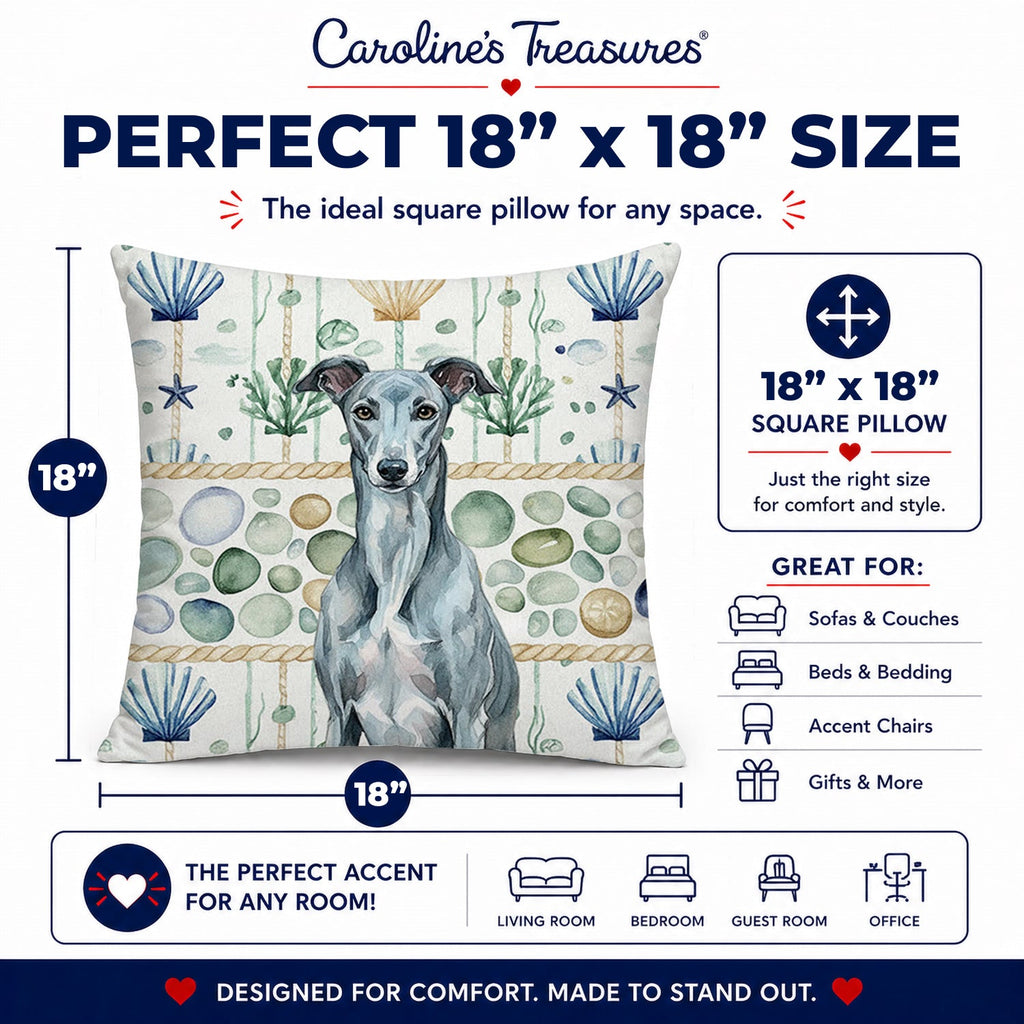 Blue Brindle Greyhound Coastal Sea Glass Decorative Throw Pillow 18x18 Indoor Outdoor Accent Cushion, Fabric Cover with Insert for Sofa, Bed, Porch & Living Room