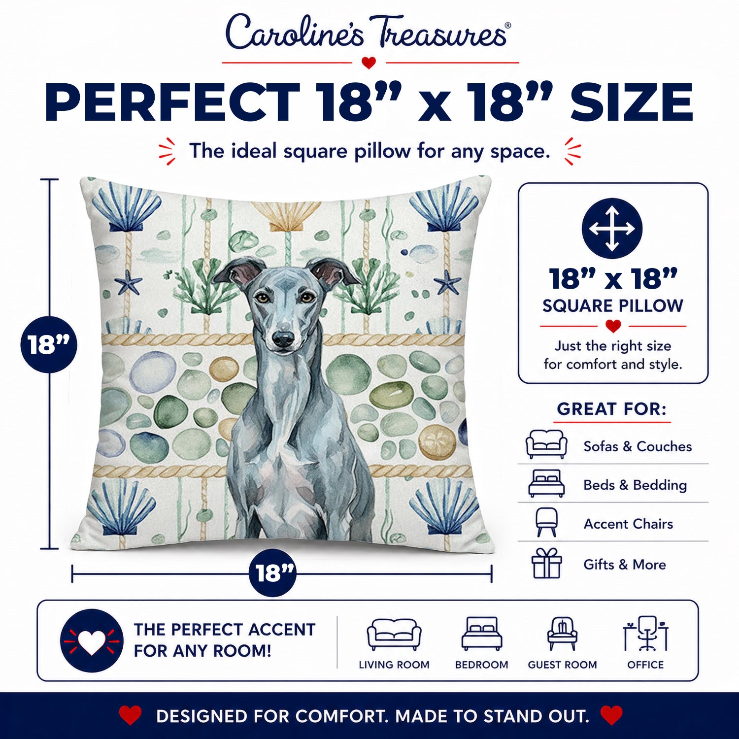Blue Brindle Greyhound Coastal Sea Glass Decorative Throw Pillow 18x18 Indoor Outdoor Accent Cushion, Fabric Cover with Insert for Sofa, Bed, Porch & Living Room