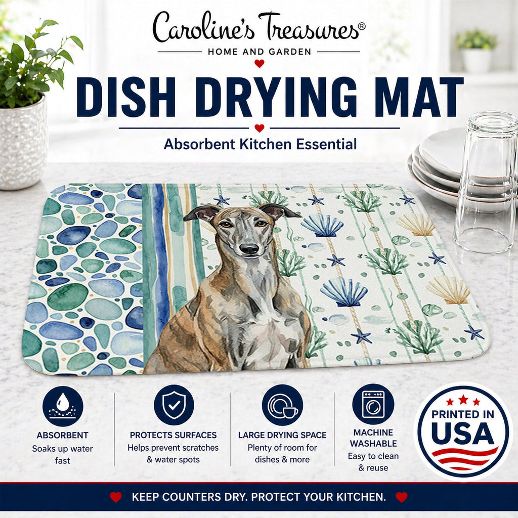 Brindle Greyhound Coastal Sea Glass Dish Drying Mat Absorbent Dish Drying Mat Pad for Kitchen Counter Dish Drainer Mat for Countertop, 14 x 21", Multicolor