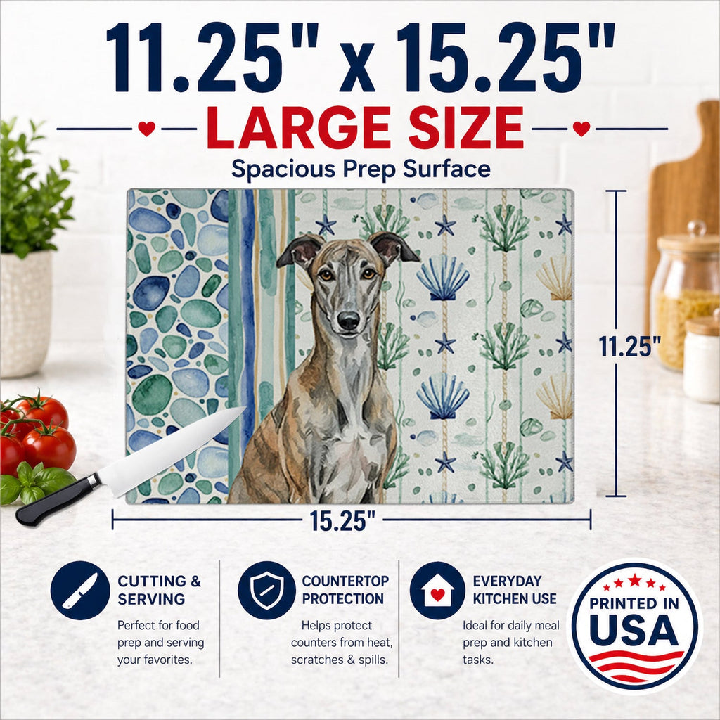 Brindle Greyhound Coastal Sea Glass Cutting Board Tempered Glass Kitchen Cutting Surface, Heat Resistant Chopping, Non-Slip Feet, Food Prep & Serving