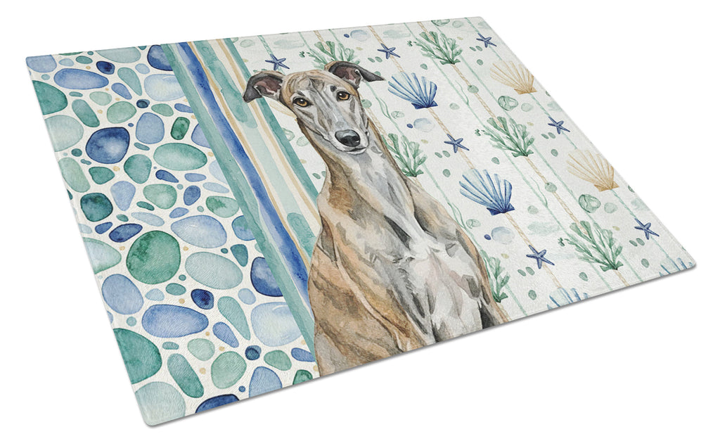 Brindle Greyhound Coastal Sea Glass Cutting Board Tempered Glass Kitchen Cutting Surface, Heat Resistant Chopping, Non-Slip Feet, Food Prep & Serving