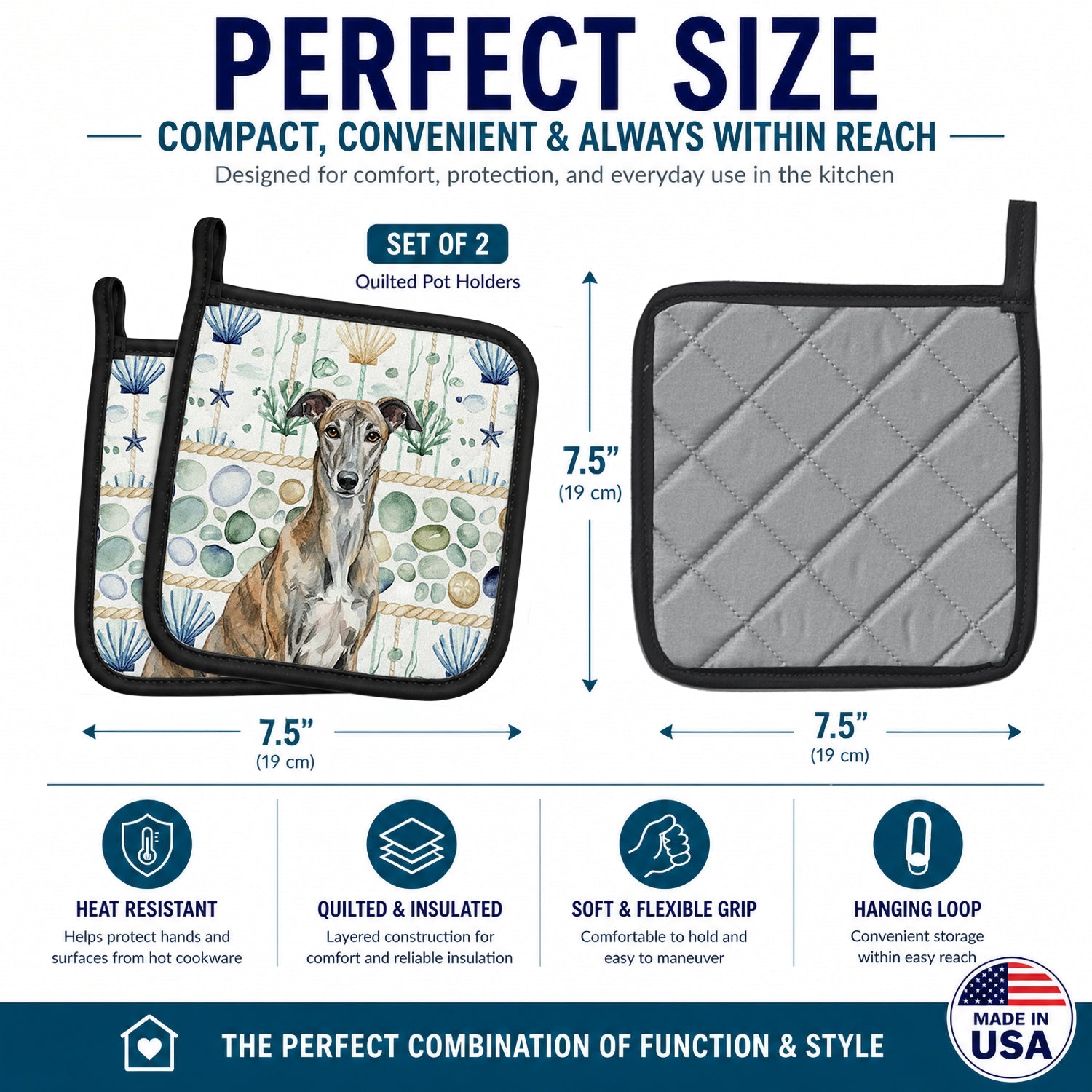Brindle Greyhound Coastal Sea Glass Pot Holder Set of 2 Heat Resistant Quilted Hot Pads 7.5 x 7.5 Inch, Insulated Kitchen Trivets for Cooking & Baking