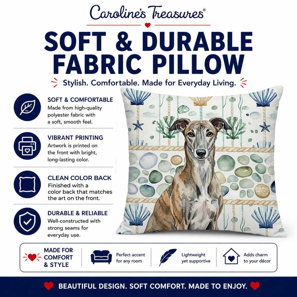 Brindle Greyhound Coastal Sea Glass Decorative Throw Pillow 14x14 Indoor Outdoor Accent Cushion, Fabric Cover with Insert for Sofa, Bed, Porch & Living Room