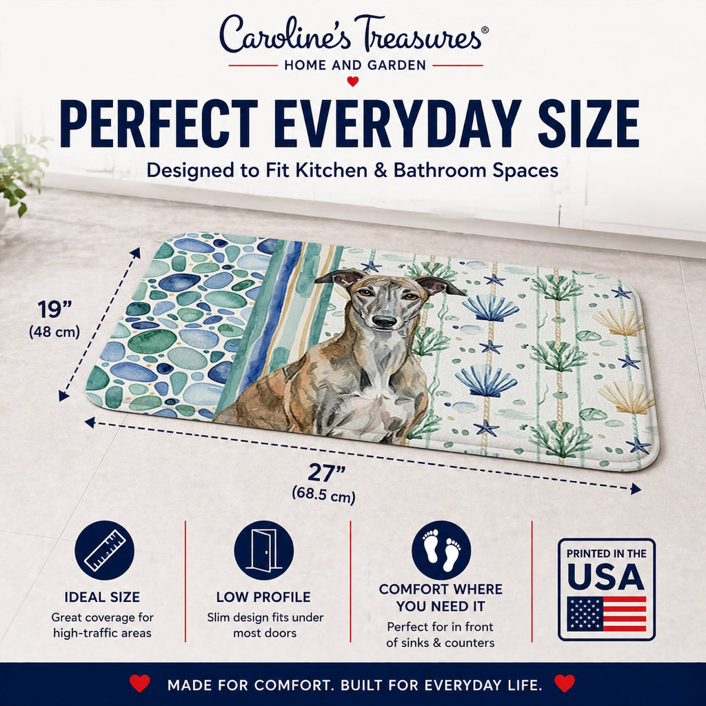 Brindle Greyhound Coastal Sea Glass Memory Foam Kitchen Mat Machine Washable Anti-Fatigue Cushion Comfort Bath or Kitchen Rug