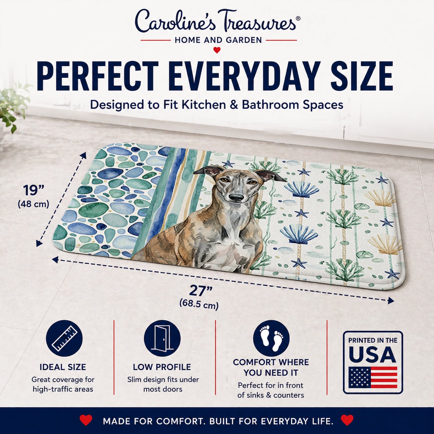 Brindle Greyhound Coastal Sea Glass Memory Foam Kitchen Mat Machine Washable Anti-Fatigue Cushion Comfort Bath or Kitchen Rug