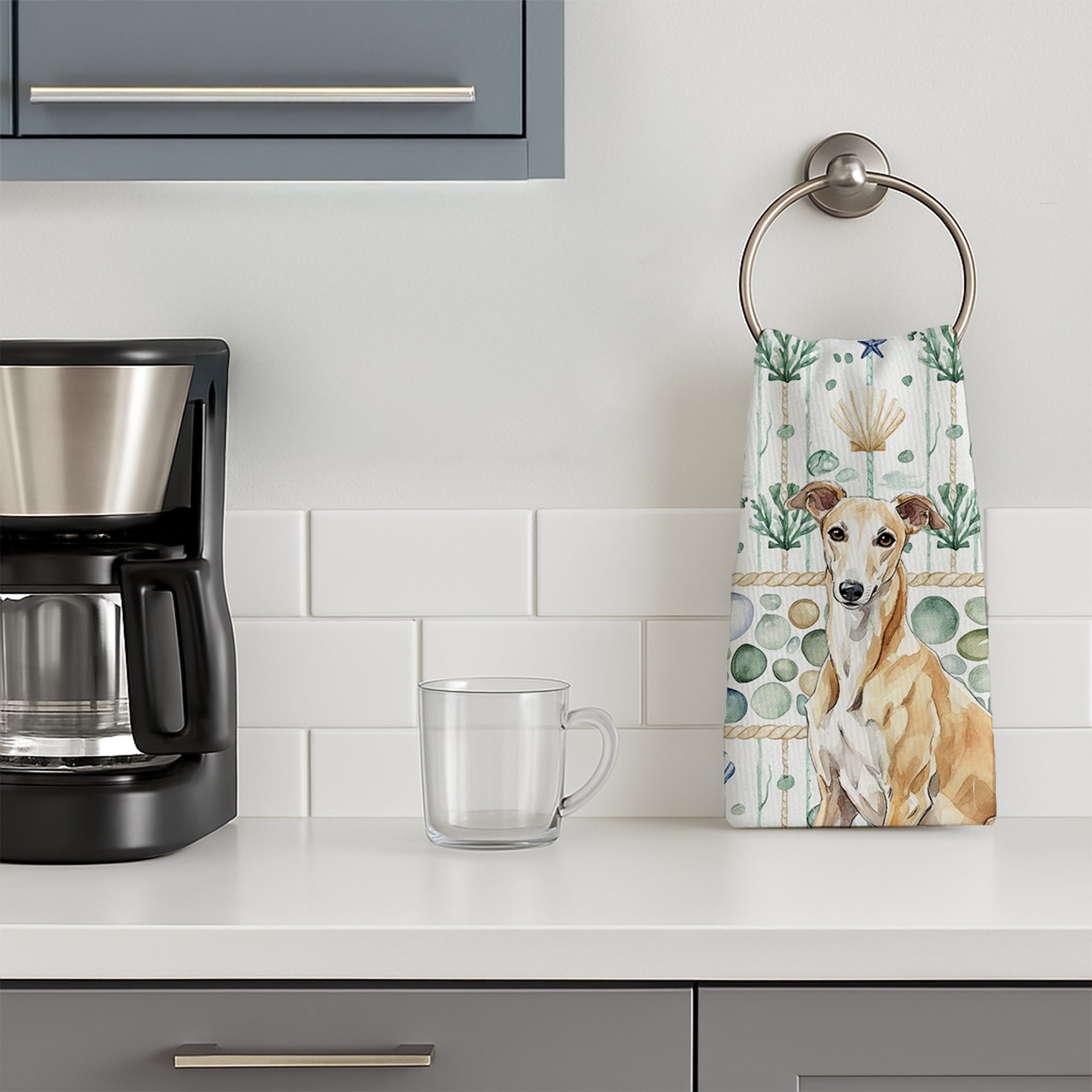 Fawn Greyhound Coastal Sea Glass Kitchen Towel Velour Plush Front and Cotton Loop Back Machine Washable