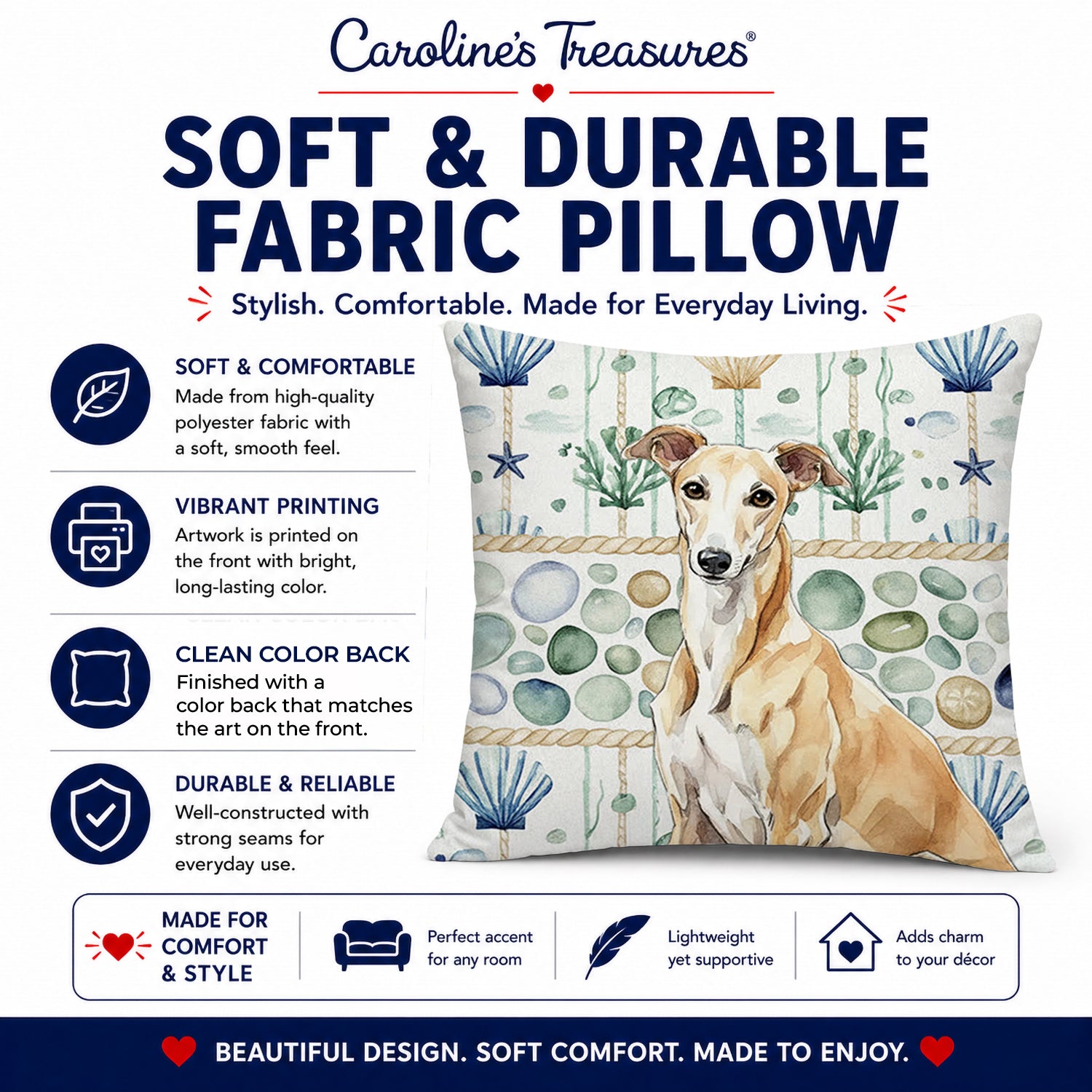 Fawn Greyhound Coastal Sea Glass Decorative Throw Pillow 14x14 Indoor Outdoor Accent Cushion, Fabric Cover with Insert for Sofa, Bed, Porch & Living Room