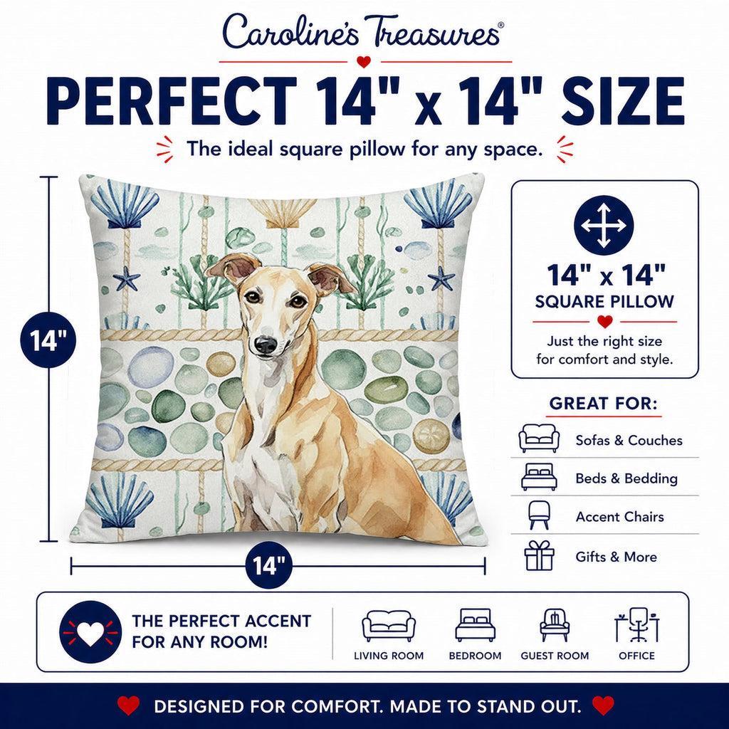 Fawn Greyhound Coastal Sea Glass Decorative Throw Pillow 14x14 Indoor Outdoor Accent Cushion, Fabric Cover with Insert for Sofa, Bed, Porch & Living Room