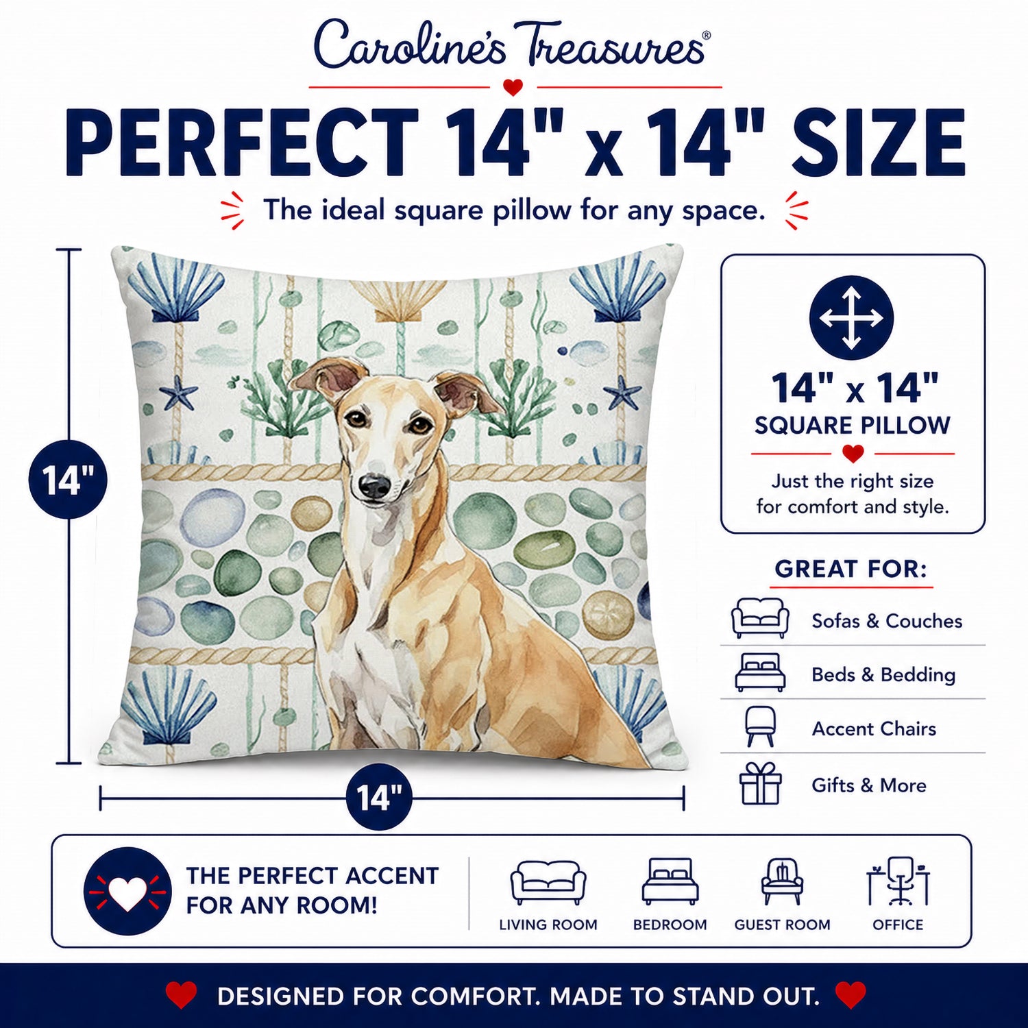 Fawn Greyhound Coastal Sea Glass Decorative Throw Pillow 14x14 Indoor Outdoor Accent Cushion, Fabric Cover with Insert for Sofa, Bed, Porch & Living Room