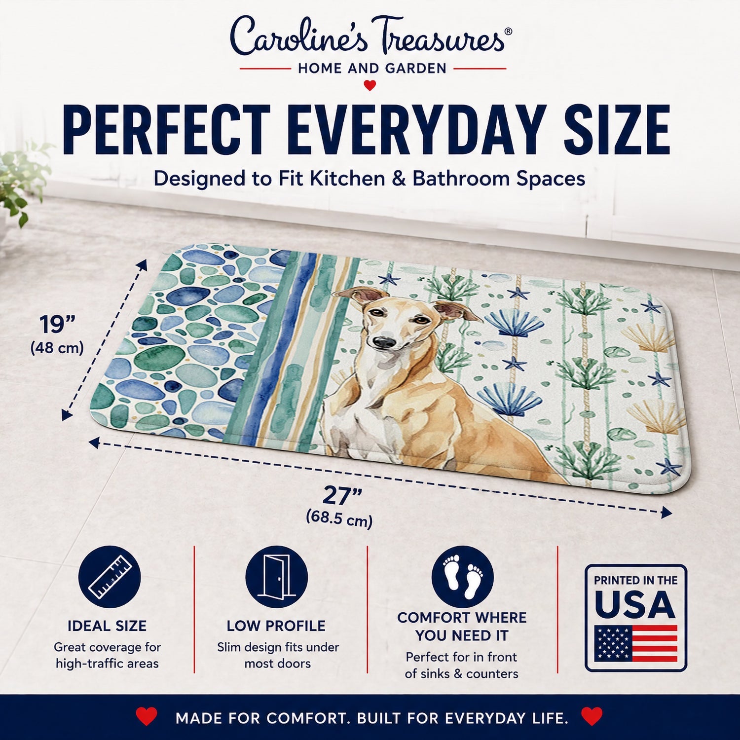 Fawn Greyhound Coastal Sea Glass Memory Foam Kitchen Mat Machine Washable Anti-Fatigue Cushion Comfort Bath or Kitchen Rug