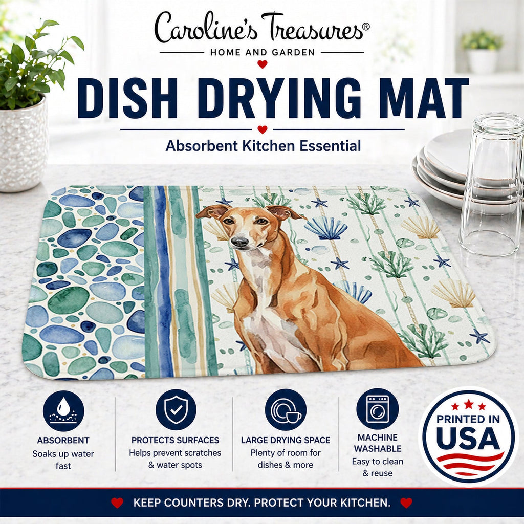 Red Greyhound Coastal Sea Glass Dish Drying Mat Absorbent Dish Drying Mat Pad for Kitchen Counter Dish Drainer Mat for Countertop, 14 x 21", Multicolor