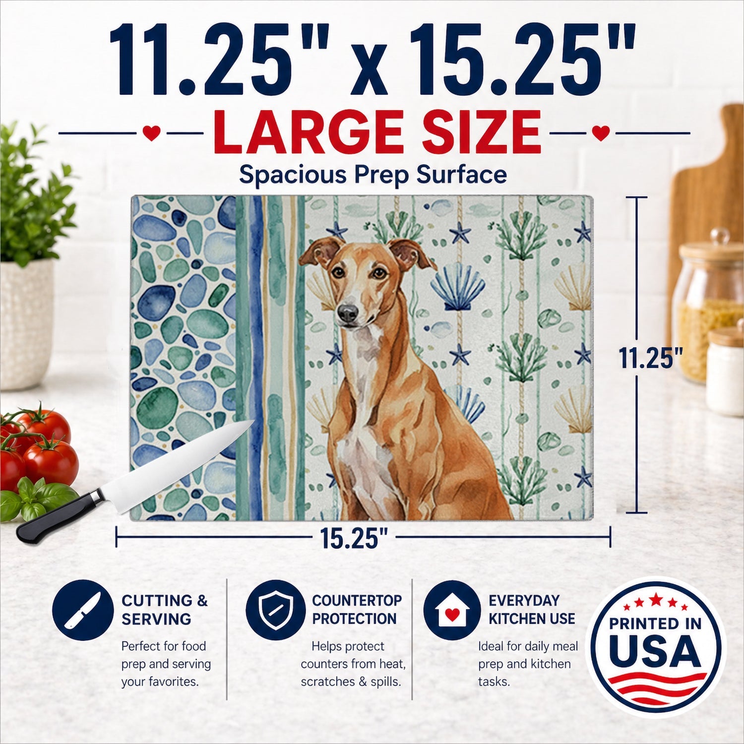 Red Greyhound Coastal Sea Glass Cutting Board Tempered Glass Kitchen Cutting Surface, Heat Resistant Chopping, Non-Slip Feet, Food Prep & Serving