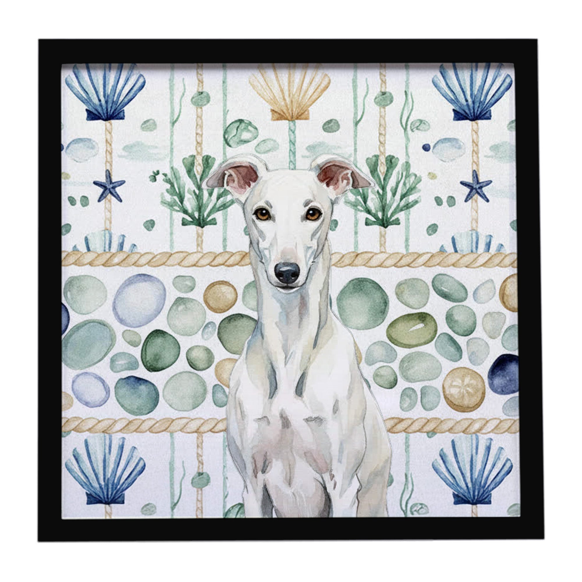 White Greyhound Coastal Sea Glass Framed Metal Print Bathroom, Kitchen, Office, Home Decor Wall Art Ready to Hang, Square, 8X8