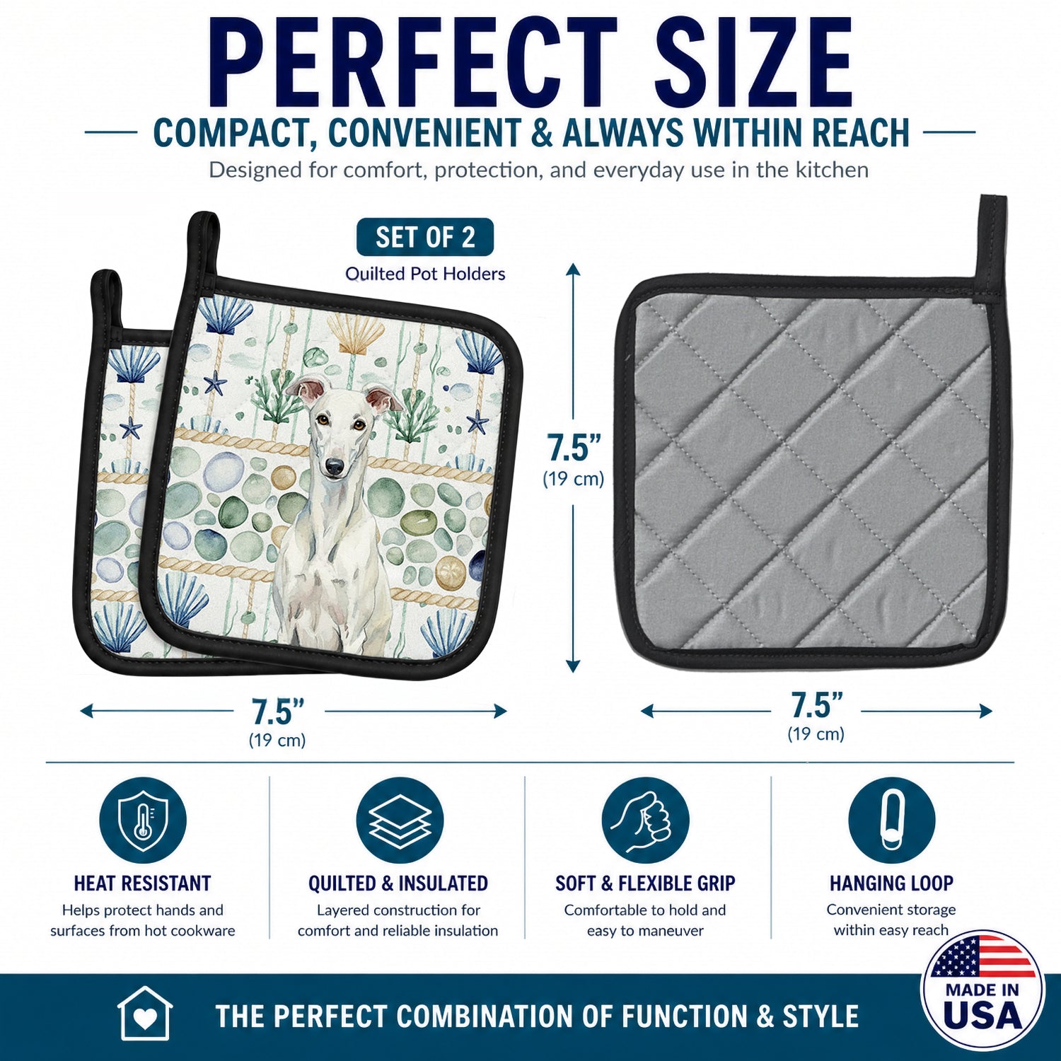 White Greyhound Coastal Sea Glass Pot Holder Set of 2 Heat Resistant Quilted Hot Pads 7.5 x 7.5 Inch, Insulated Kitchen Trivets for Cooking & Baking