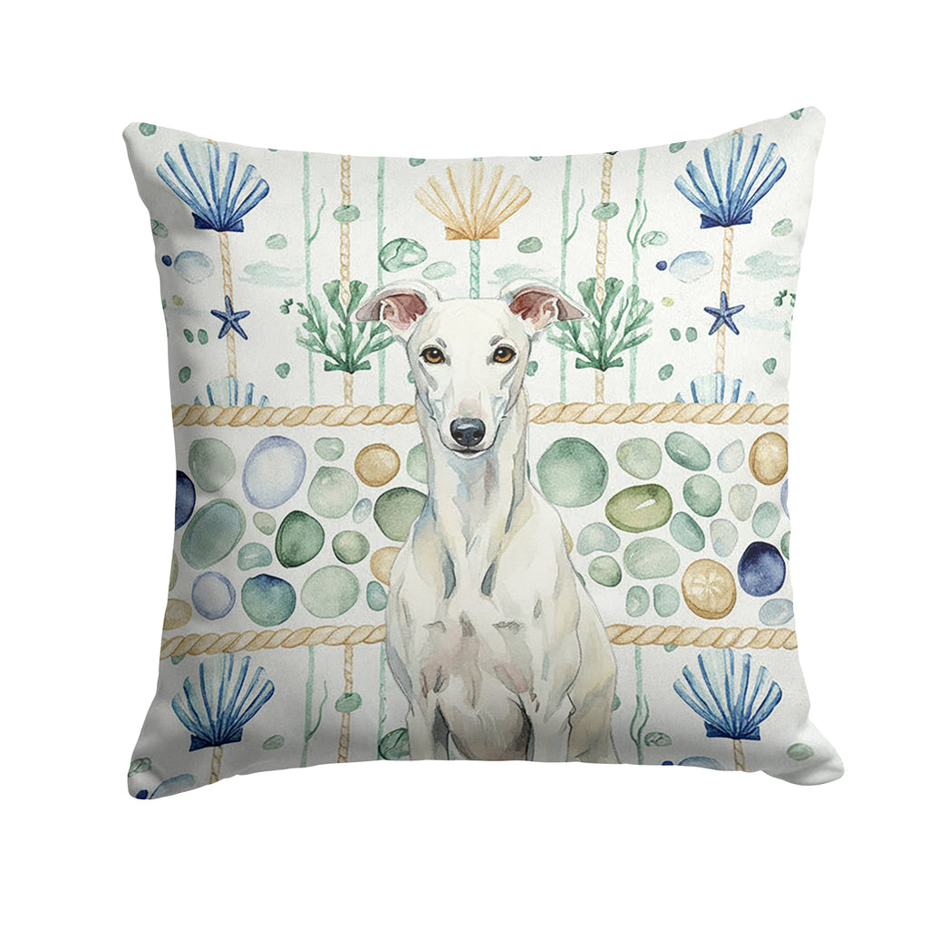 White Greyhound Coastal Sea Glass Decorative Throw Pillow 14x14 Indoor Outdoor Accent Cushion, Fabric Cover with Insert for Sofa, Bed, Porch & Living Room