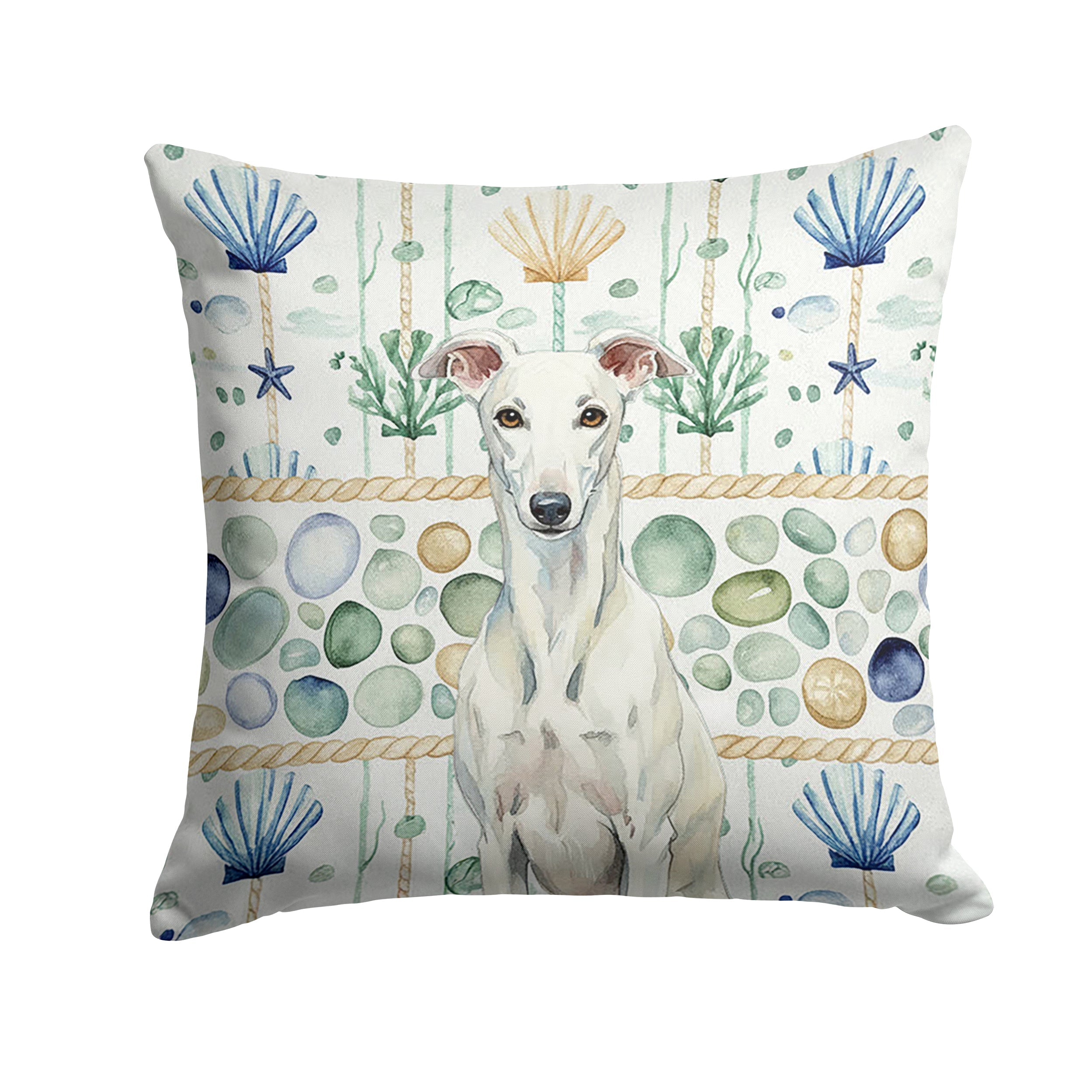 White Greyhound Coastal Sea Glass Decorative Throw Pillow 14x14 Indoor Outdoor Accent Cushion, Fabric Cover with Insert for Sofa, Bed, Porch & Living Room