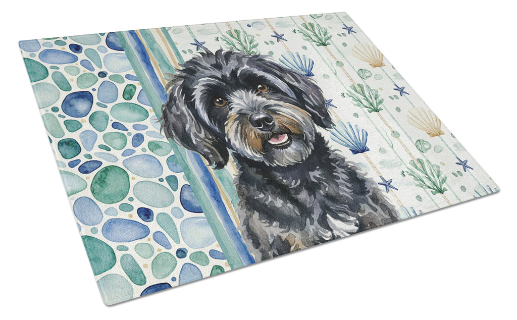 Black Havanese Coastal Sea Glass Cutting Board Tempered Glass Kitchen Cutting Surface, Heat Resistant Chopping, Non-Slip Feet, Food Prep & Serving