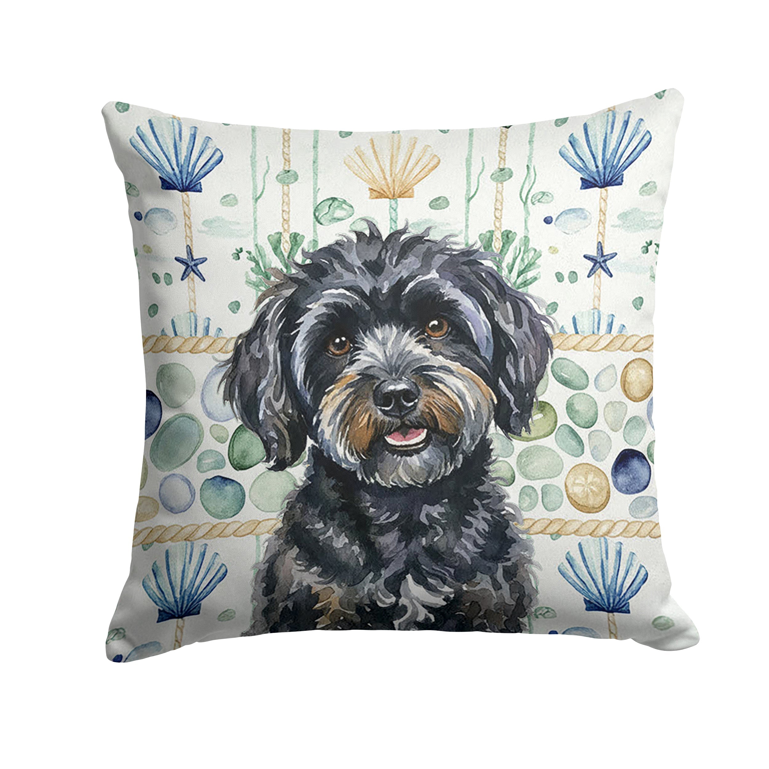 Black Havanese Coastal Sea Glass Decorative Throw Pillow 18x18 Indoor Outdoor Accent Cushion, Fabric Cover with Insert for Sofa, Bed, Porch & Living Room