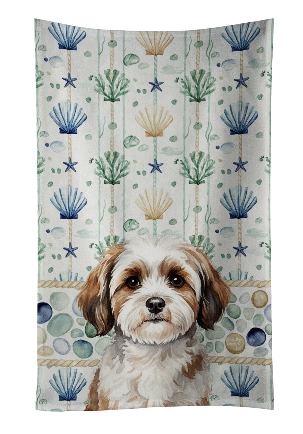 Parti-color Havanese Coastal Sea Glass Kitchen Towel Velour Plush Front and Cotton Loop Back Machine Washable