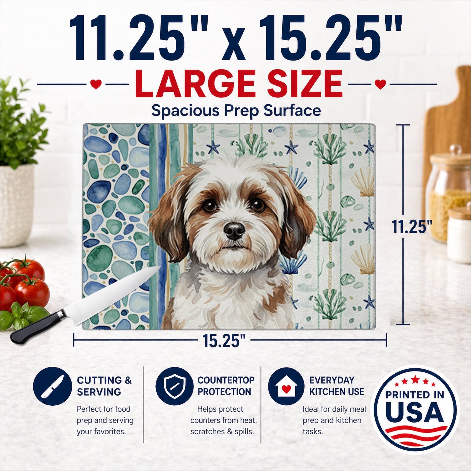 Parti-color Havanese Coastal Sea Glass Cutting Board Tempered Glass Kitchen Cutting Surface, Heat Resistant Chopping, Non-Slip Feet, Food Prep & Serving