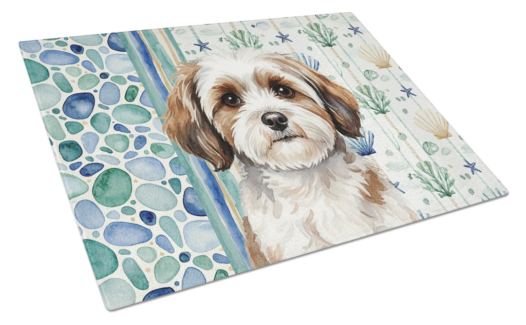 Parti-color Havanese Coastal Sea Glass Cutting Board Tempered Glass Kitchen Cutting Surface, Heat Resistant Chopping, Non-Slip Feet, Food Prep & Serving