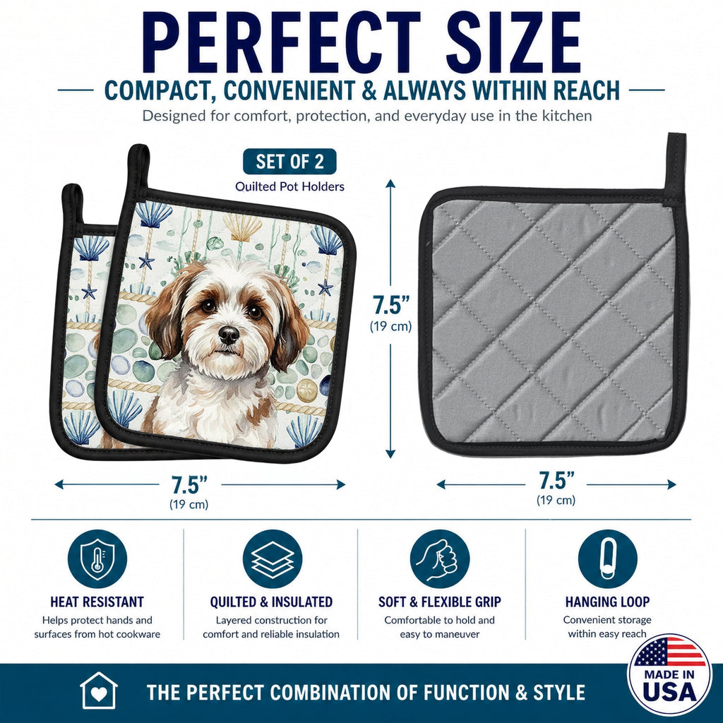 Parti-color Havanese Coastal Sea Glass Pot Holder Set of 2 Heat Resistant Quilted Hot Pads 7.5 x 7.5 Inch, Insulated Kitchen Trivets for Cooking & Baking