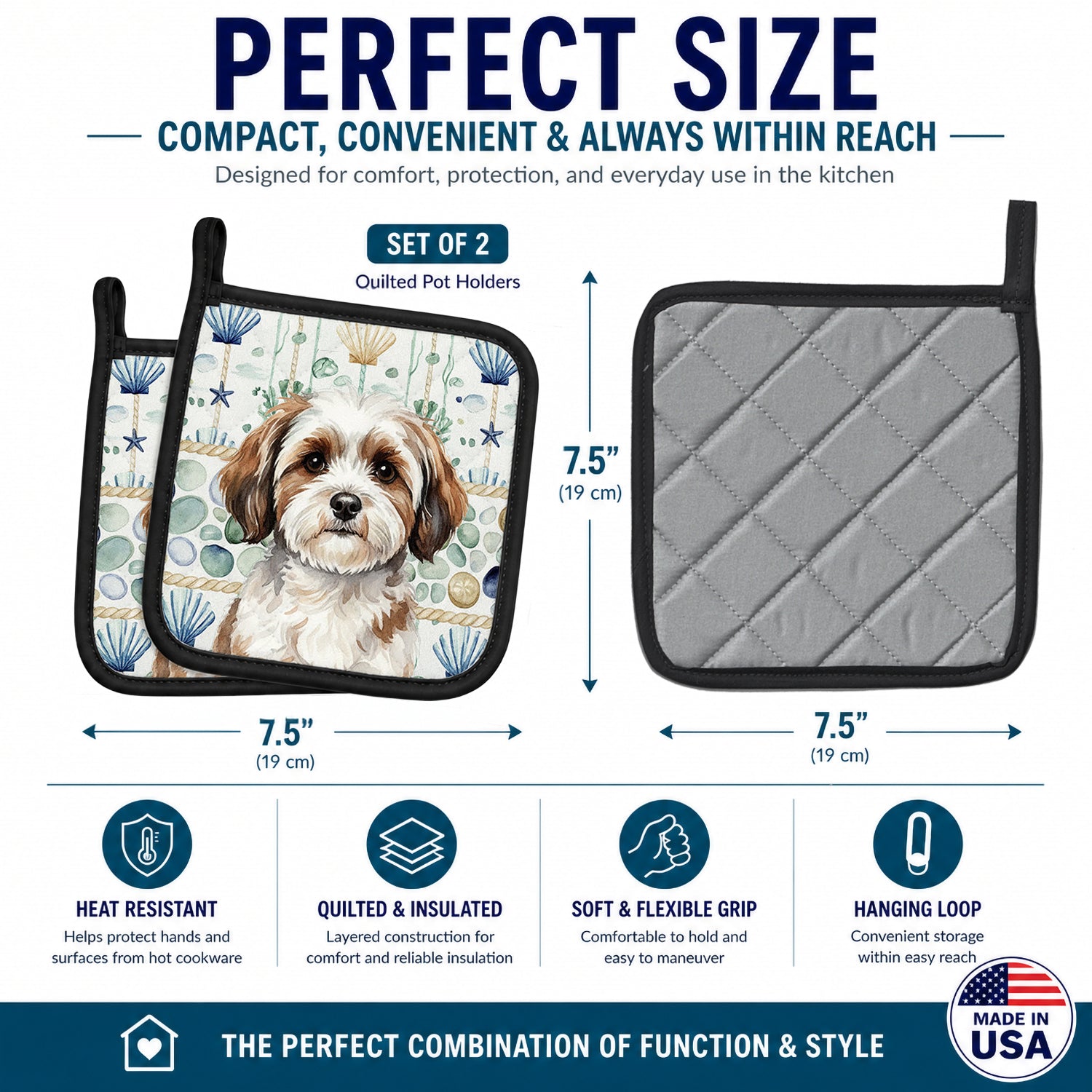 Parti-color Havanese Coastal Sea Glass Pot Holder Set of 2 Heat Resistant Quilted Hot Pads 7.5 x 7.5 Inch, Insulated Kitchen Trivets for Cooking & Baking