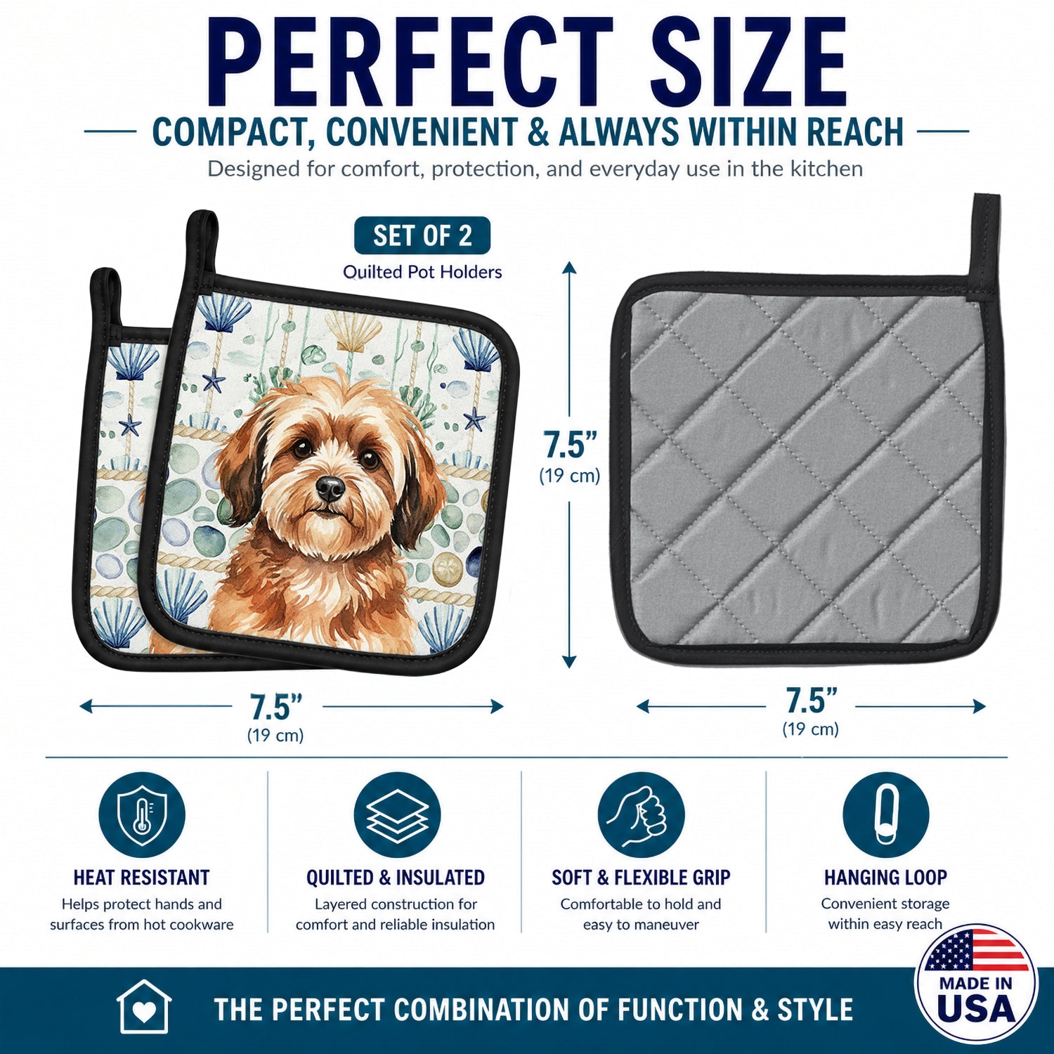 Sable Havanese Coastal Sea Glass Pot Holder Set of 2 Heat Resistant Quilted Hot Pads 7.5 x 7.5 Inch, Insulated Kitchen Trivets for Cooking & Baking