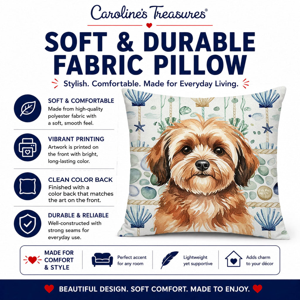 Sable Havanese Coastal Sea Glass Decorative Throw Pillow 18x18 Indoor Outdoor Accent Cushion, Fabric Cover with Insert for Sofa, Bed, Porch & Living Room